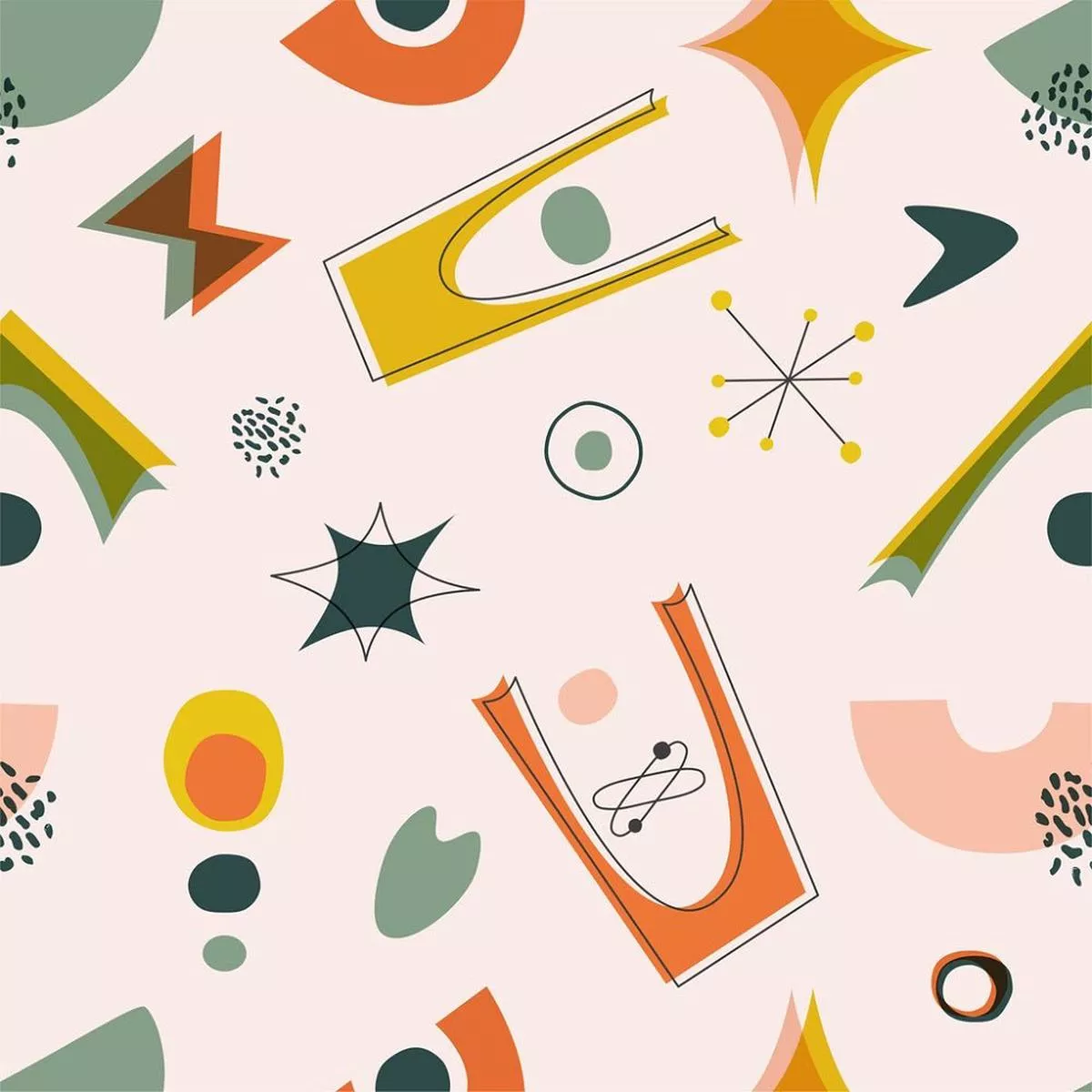 1950s Contemporary Atomic Shapes Fabric – Light Pink