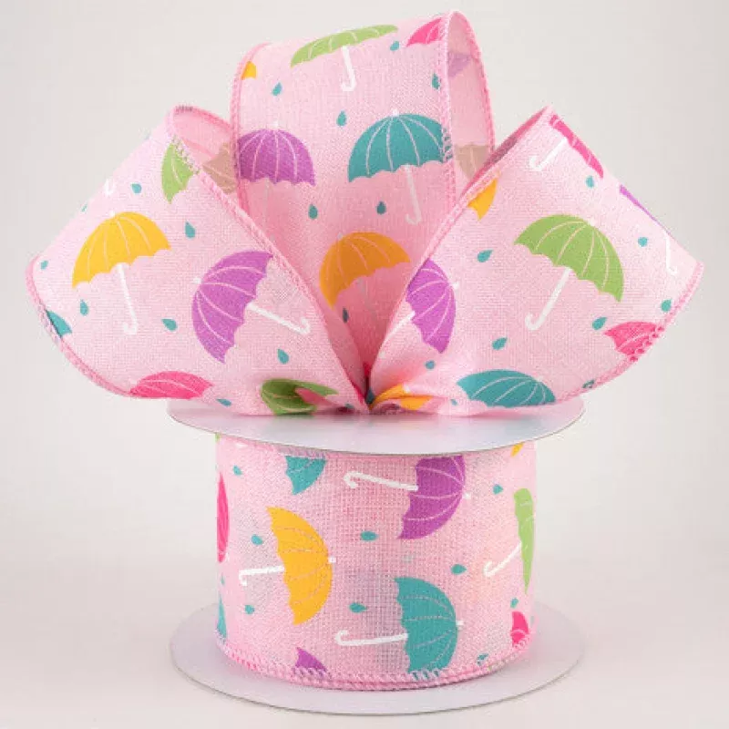 2 1/2 Spring Umbrellas Wired Ribbon: Pink – 1 Yard