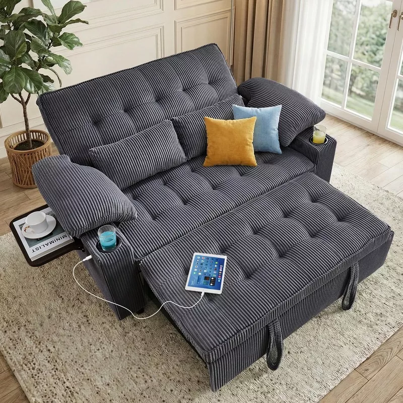 58″ Convertible Sleeper Sofa BedPull-Out Loveseat with Adjustable Backrest Darkgrey