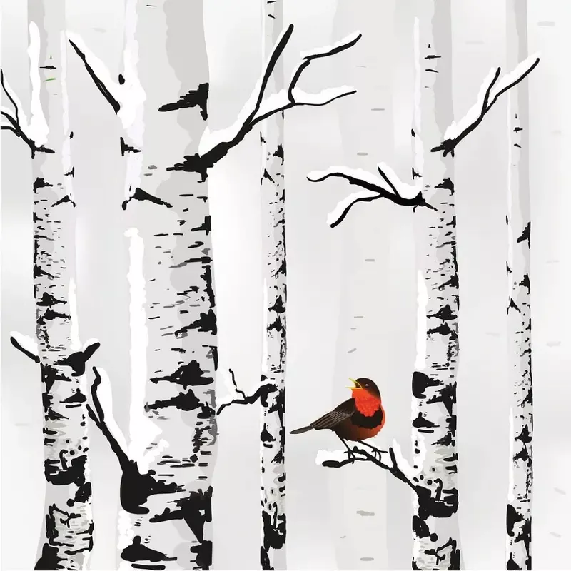Bird on Birch Trees Fabric Panel