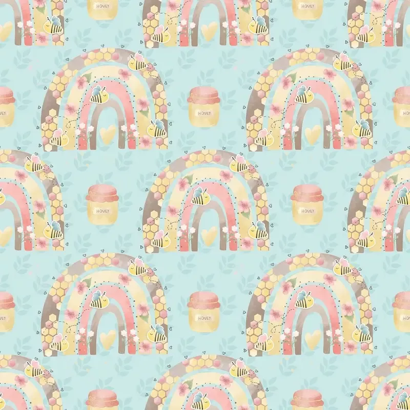 Bumble Bee Bear Rainbows Fabric – Blue