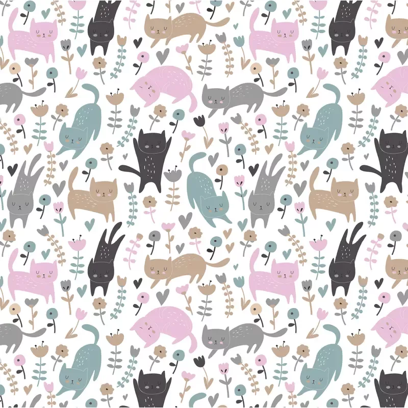 Cartoon Cats And Flowers Fabric – Multi