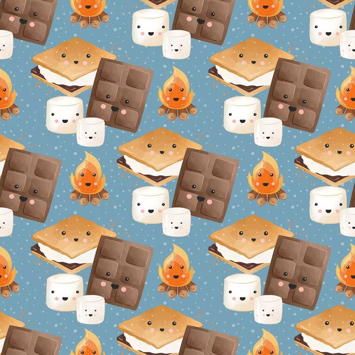 Cute Smores on Dots Fabric – Blue