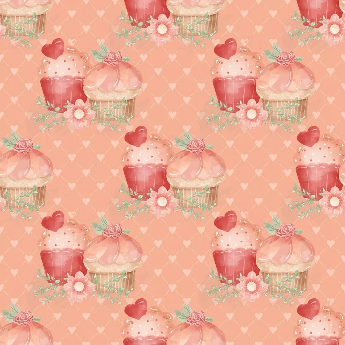 Double Cupcake on Hearts & Boxes Fabric – Peach