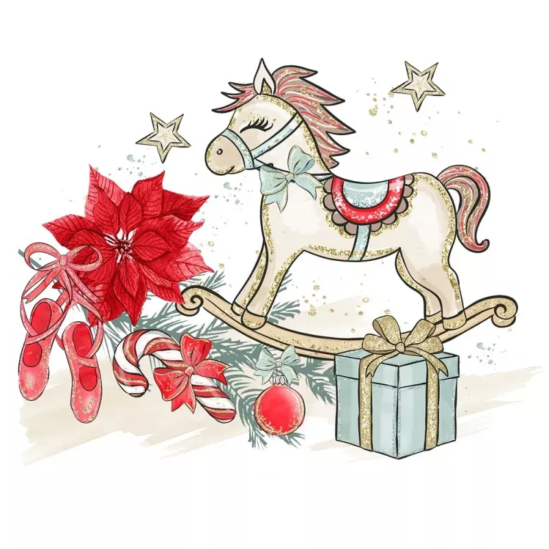 Elegant Nutcracker Rocking Horse with Items Fabric Panel