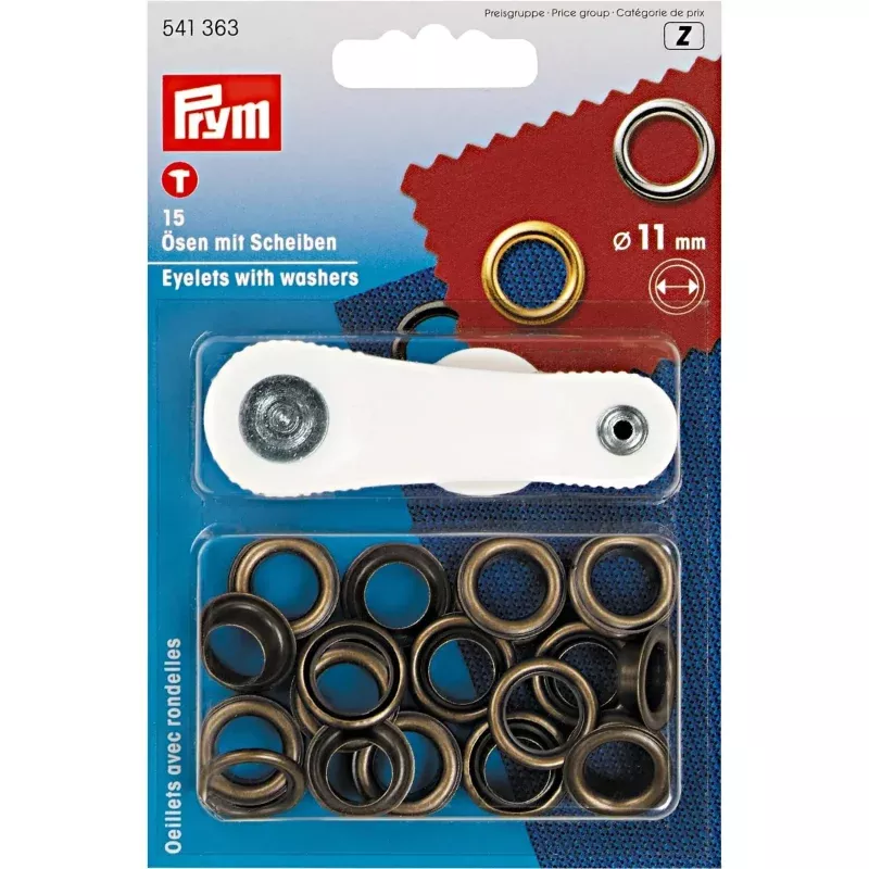 Eyelets with washers 11 mm antique brass with tools 15pc