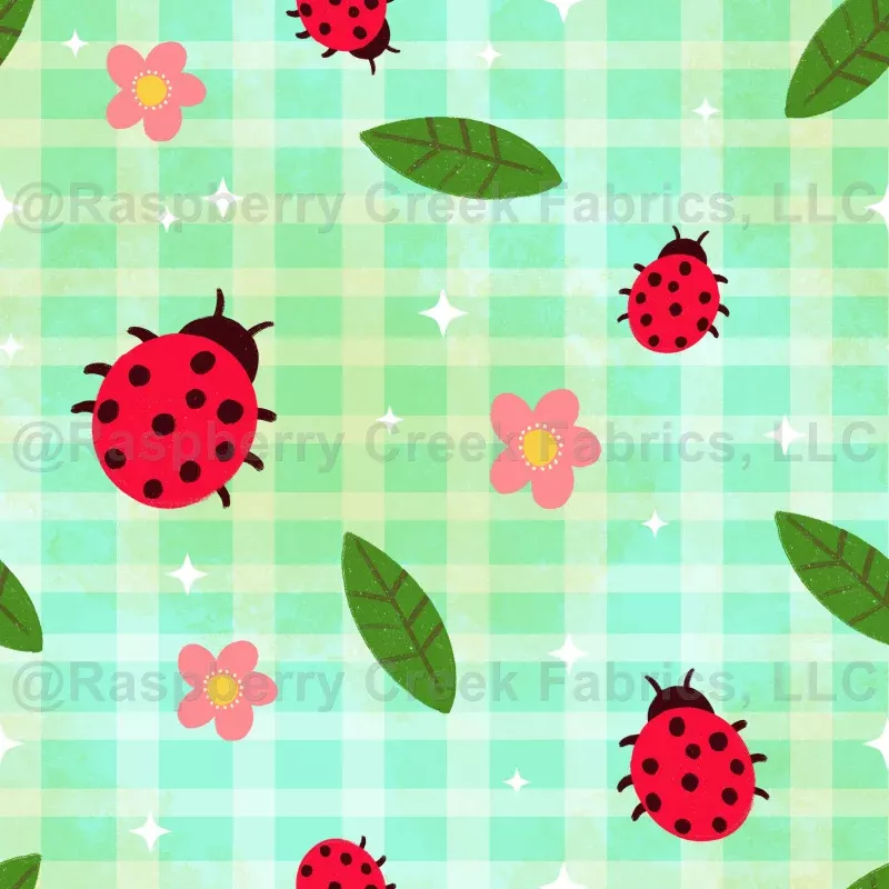 Floral Ladybug Seamless Pattern on Checkered green