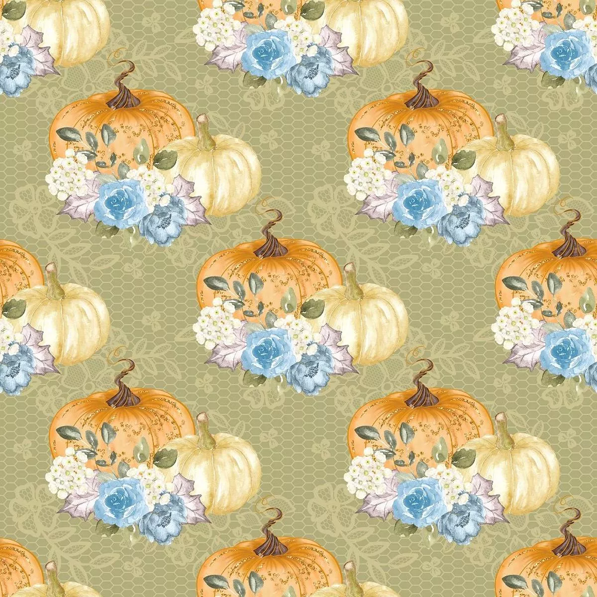 Floral Pumpkins & Lace Fabric – Green