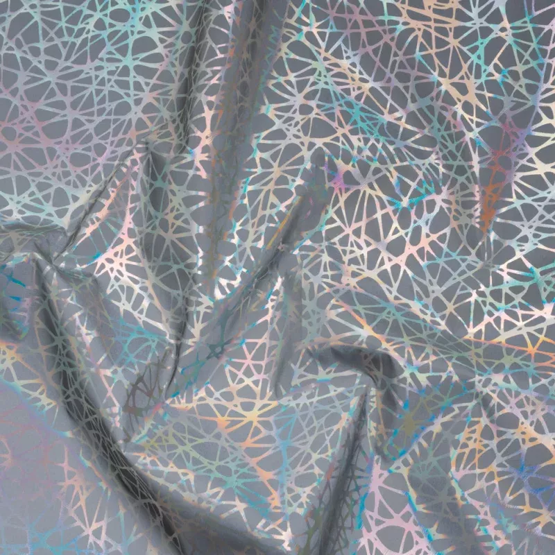 Foiled Reflective Fabric – Silver Gray with Rainbow Web