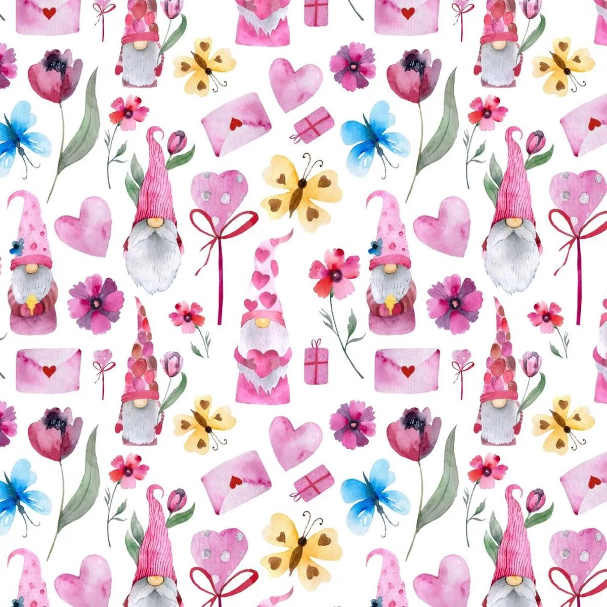 Gnome And Flowers Fabric – White