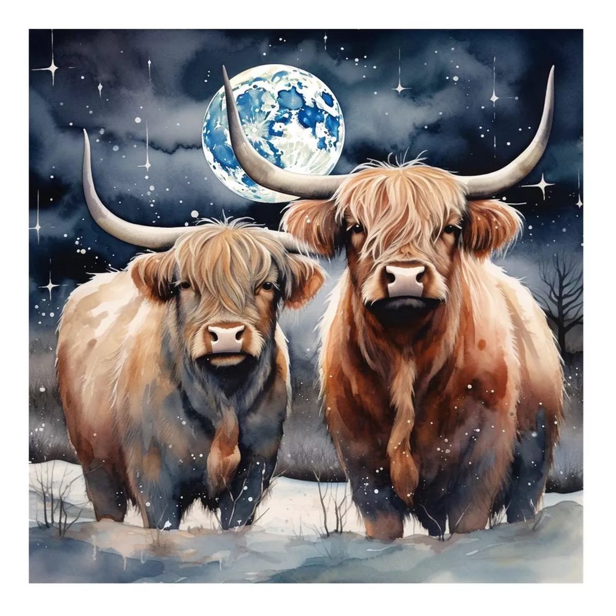 Highland Cows In The Moonlight #3 Fabric Panel