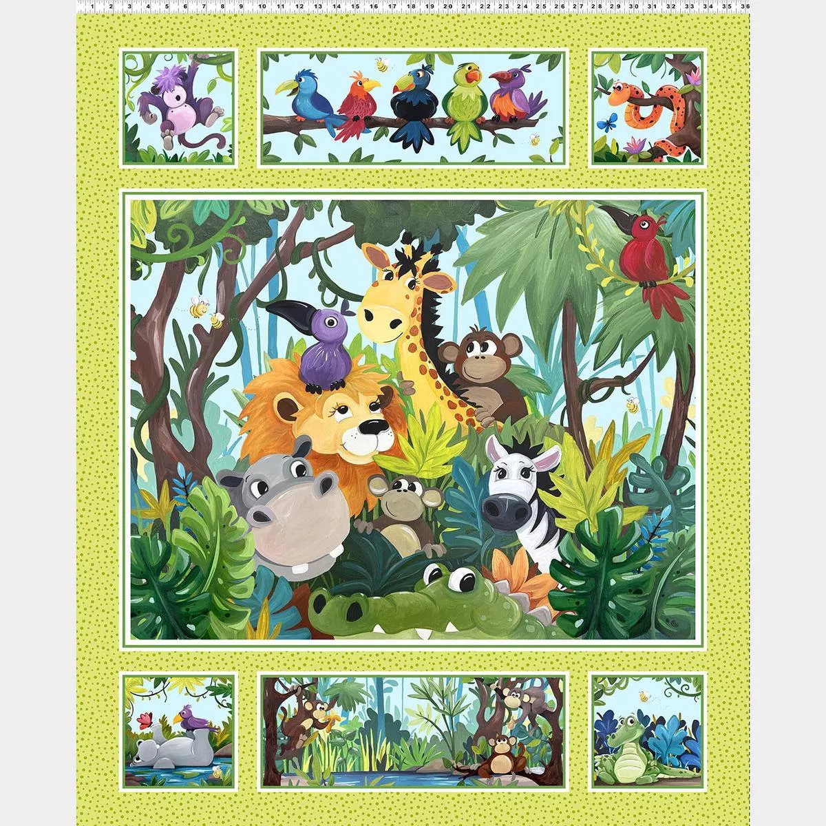 Jungle Friends – Animals Quilt Lime Panel