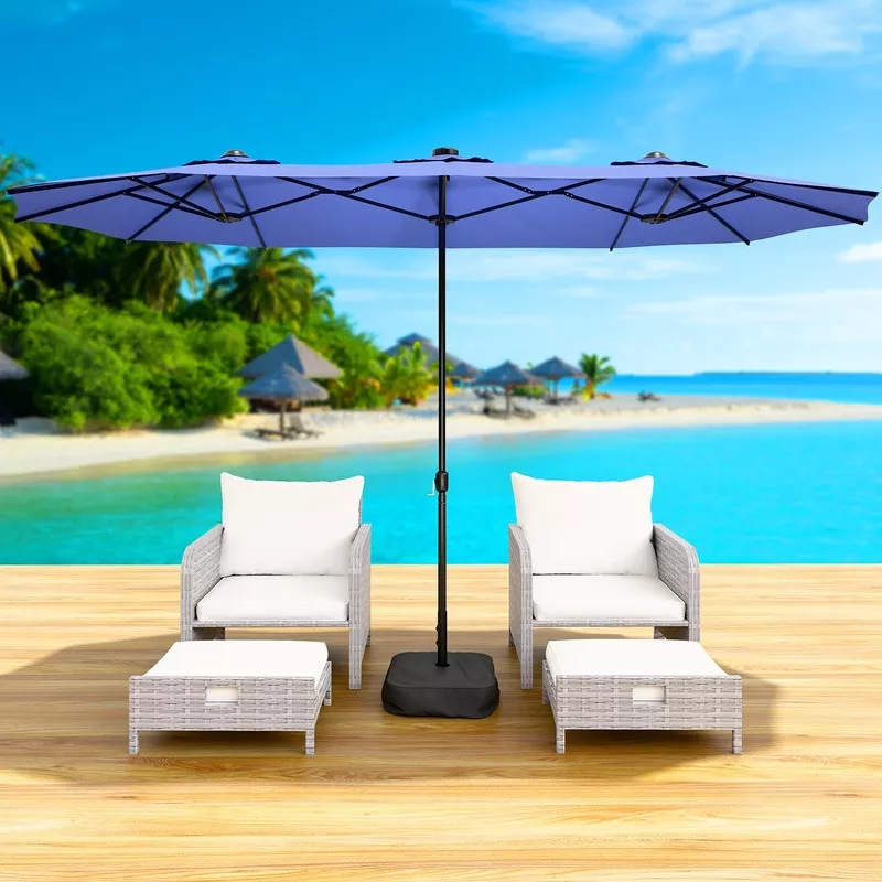 Large Rectangular Patio Umbrella with Base & LED Lights Blue
