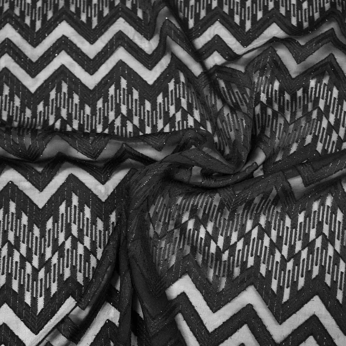Mabon Black ZigZag Polyester Voile Fabric