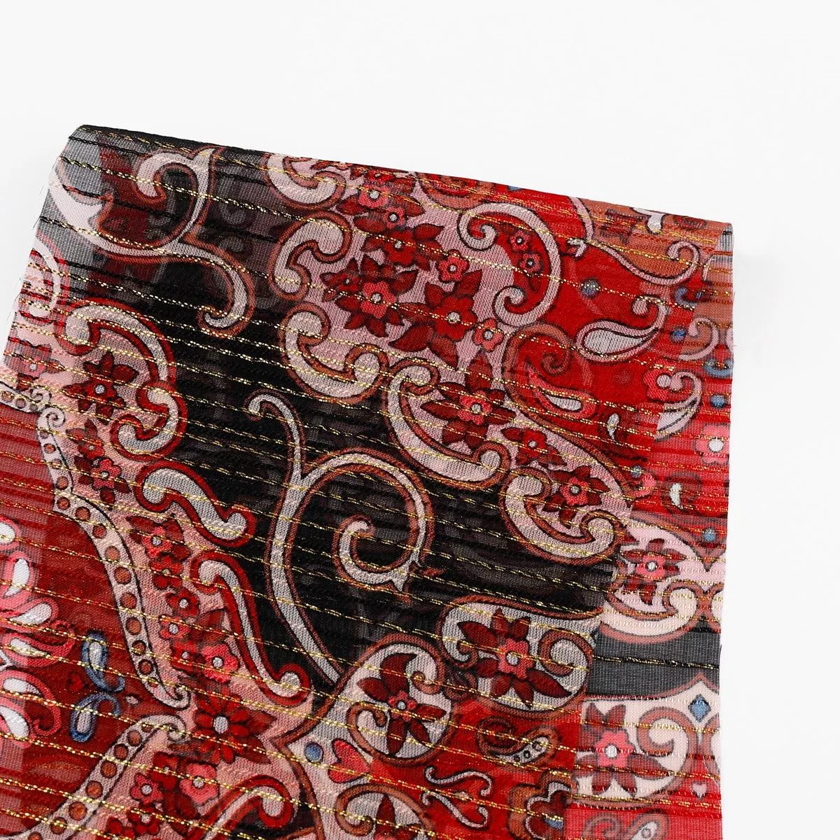 Ornate Metallic Stripe Chiffon – Red