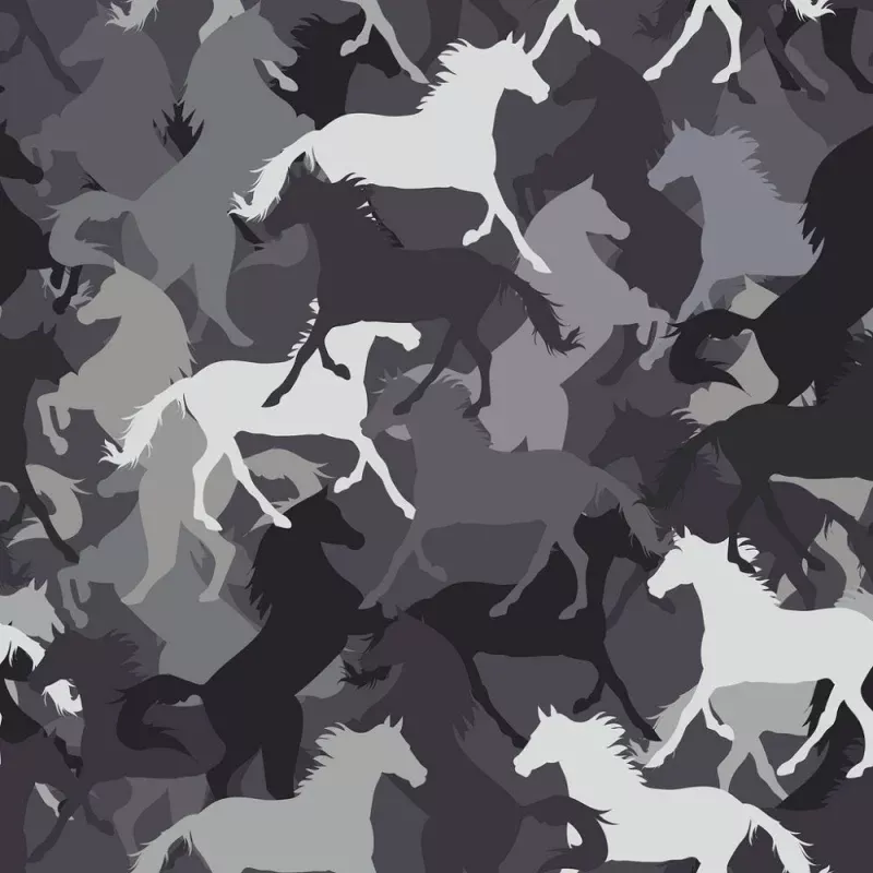 Packed Horse Silhouettes Fabric – Gray