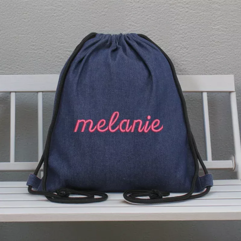 Personalized Denim Drawstring Bags – Embroidered Name