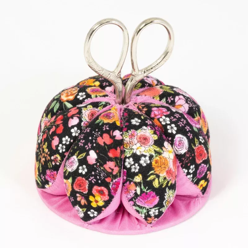 Pin Cushion with Scissors, Black Floral