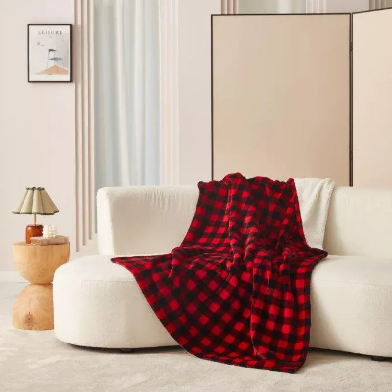 Red and Black Plaid Footed Fleece Throw DFF23247