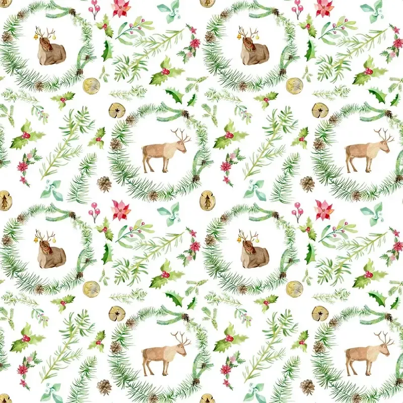 Reindeer Wreath & Elements Fabric – White