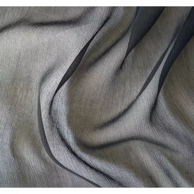 Semi-Sheer Obsidian Crinkled Silk Chiffon