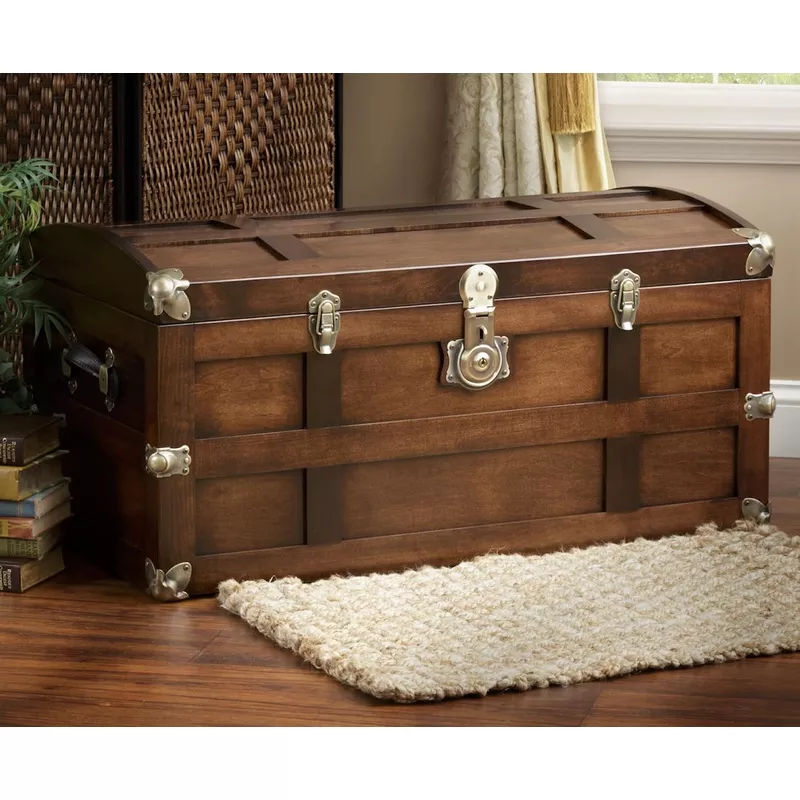 Solid Maple Wood Steamer Trunk Hope Chest with Cedar Tray & Brass Lock Coffee Stain
