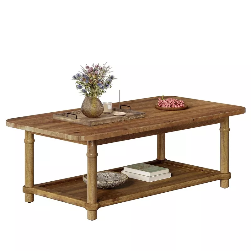 Solid Wood Rectangle Coffee Table with 2-Tier Storage Rustic Brown