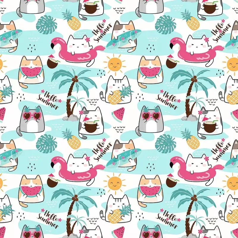 Summertime Cats Hello Summer Fabric – Blue