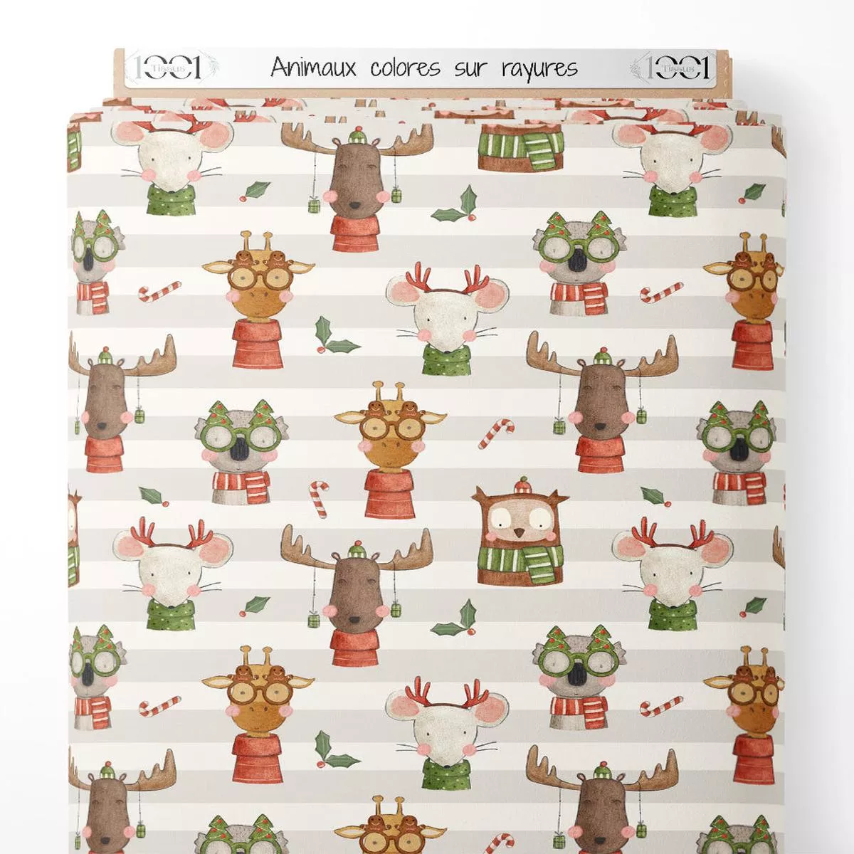 Tissu – Animaux colors sur rayures