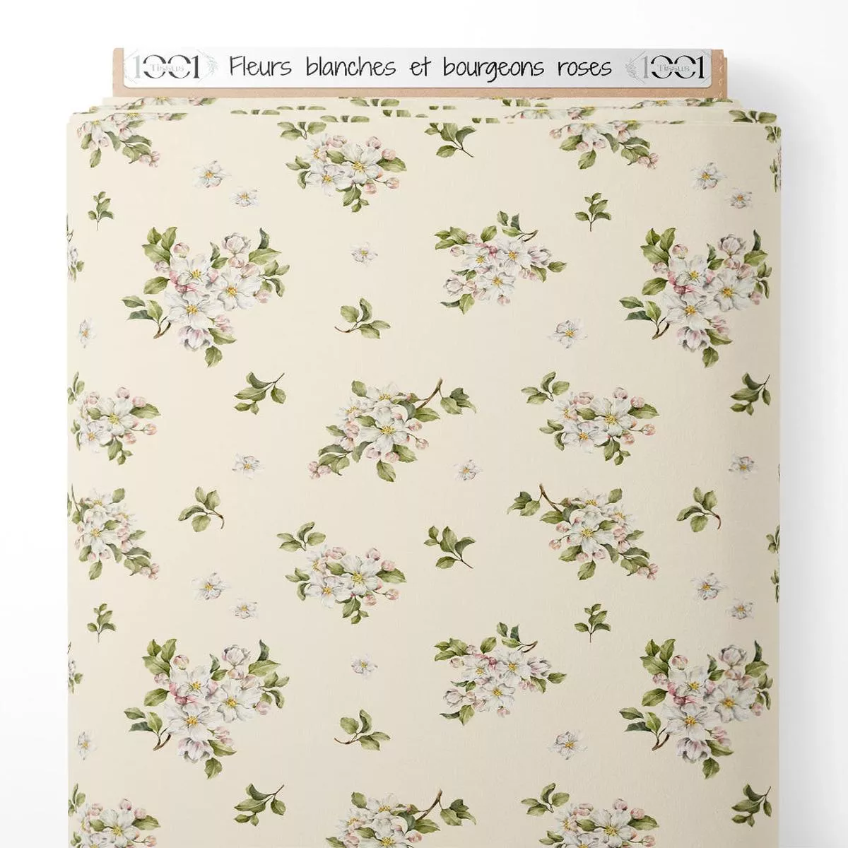 Tissu – Fleurs blanches et bourgeons roses