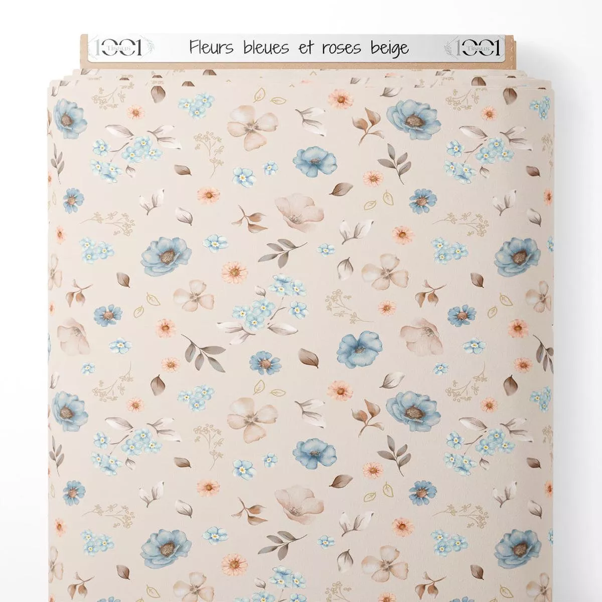 Tissu – Fleurs bleues et roses beige