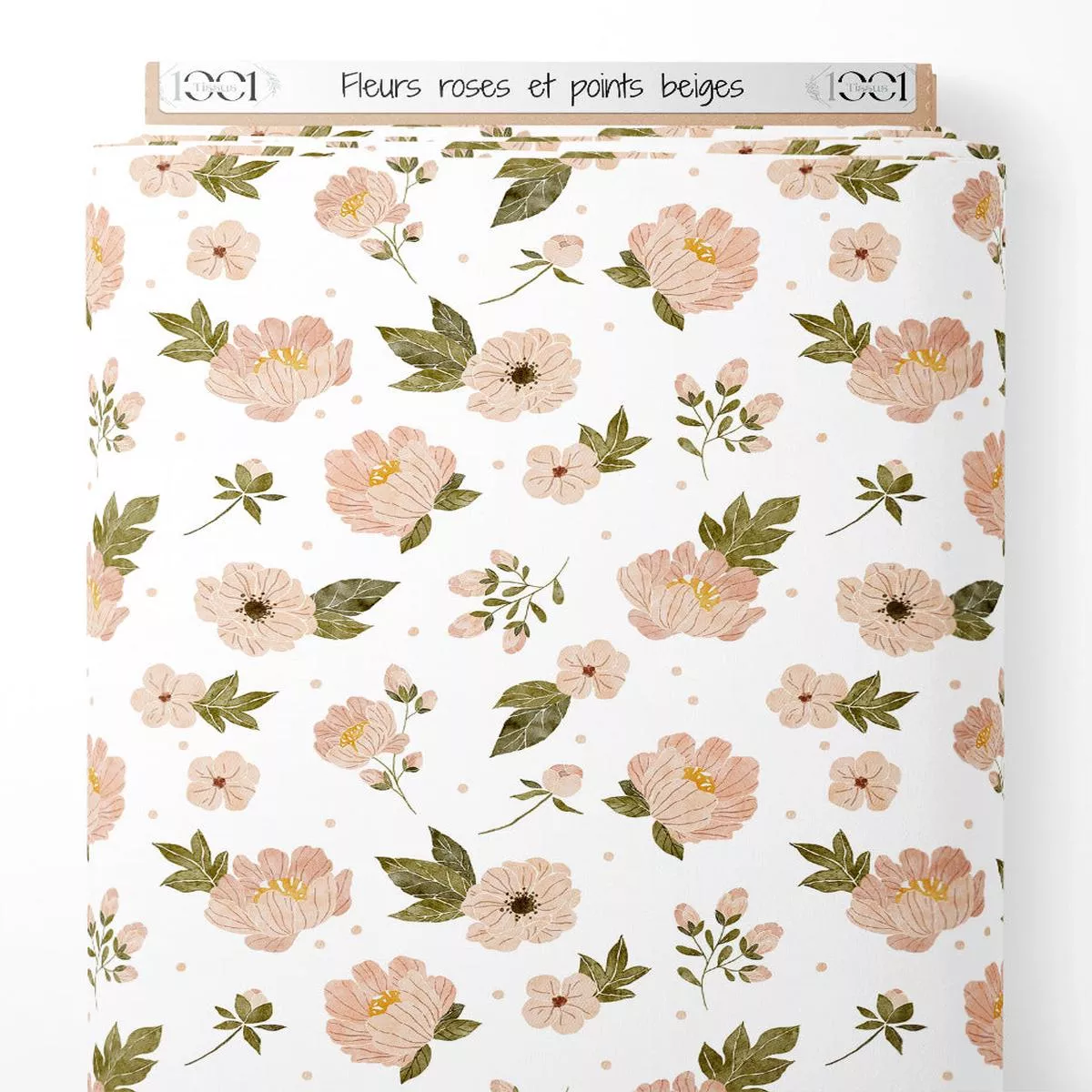 Tissu – Fleurs roses et points beiges