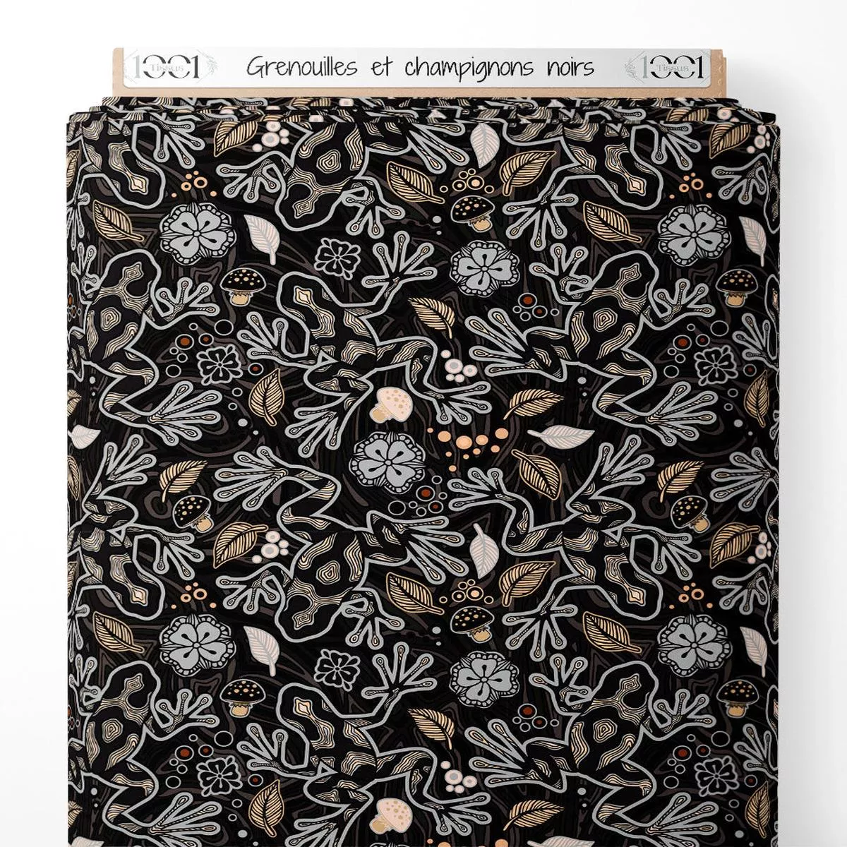 Tissu – Grenouilles et champignons noirs