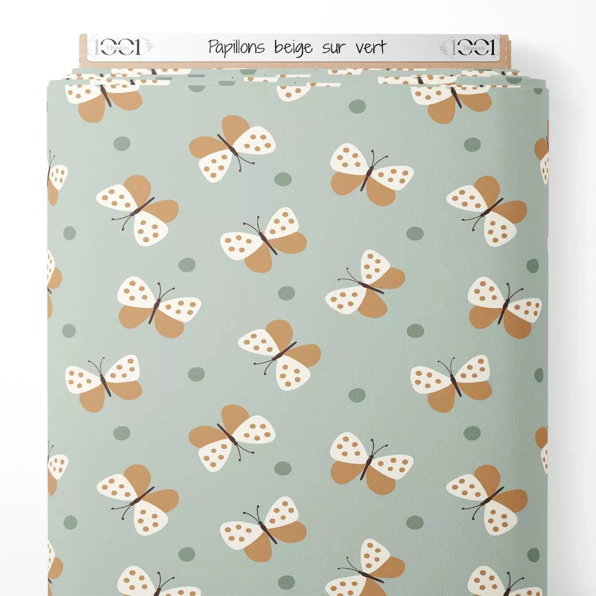 Tissu – Papillons beige sur vert