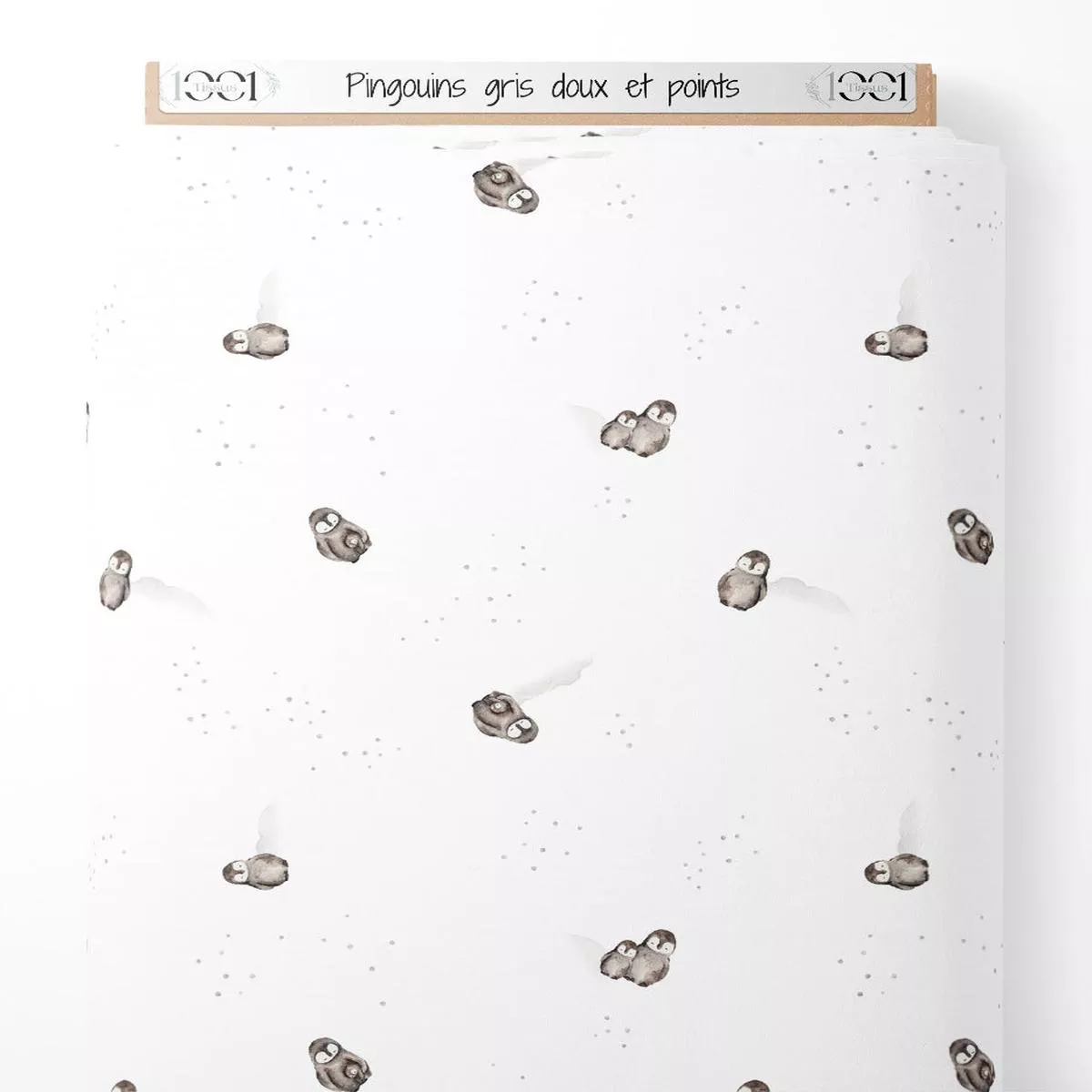 Tissu – Pingouins gris doux et points