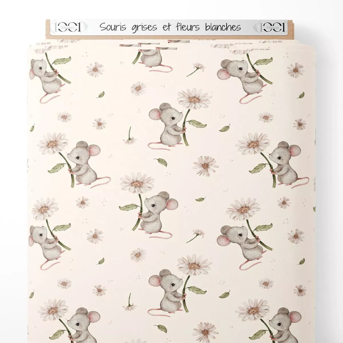 Tissu – Souris grises et fleurs blanches