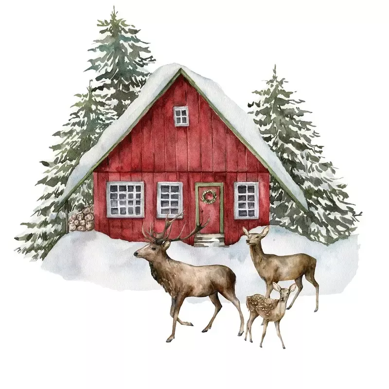 Watercolor Christmas Cabin Fabric Panel – Multi