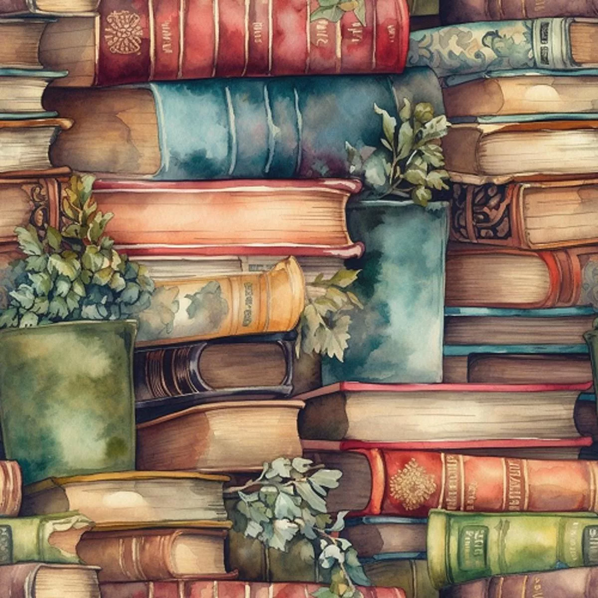 Whimsical Greenery Stacked Books Fabric