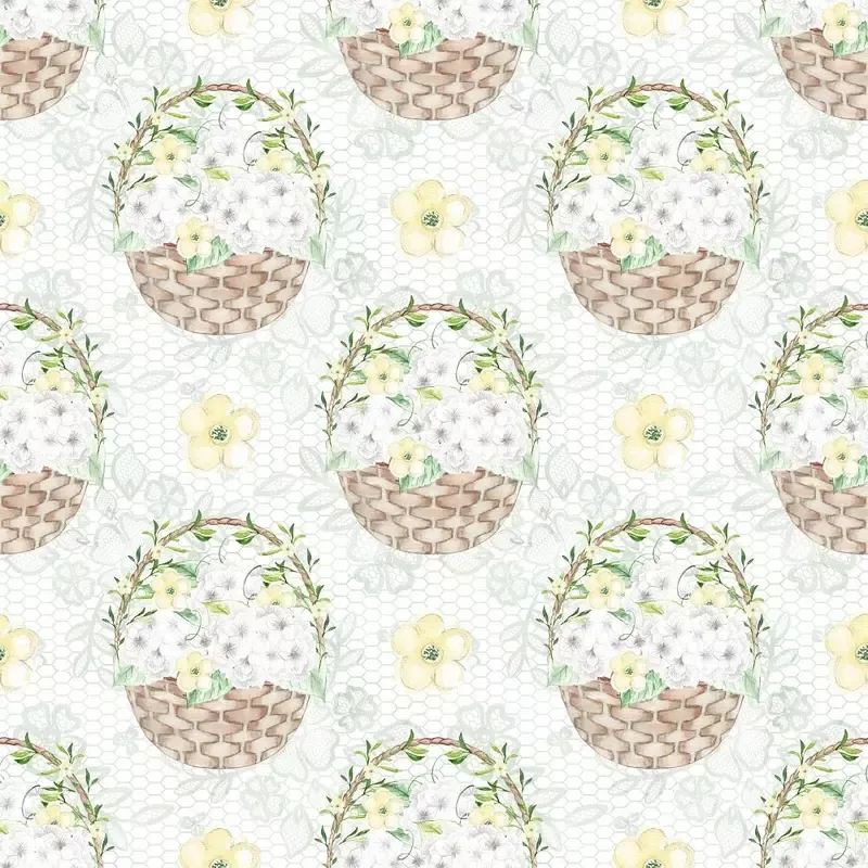 White Hydrangeas Baskets Fabric – White
