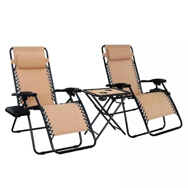 Zero Gravity Reclining Lounge Chair Set with Side Table & Headrest2-Pack Beige