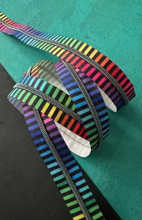 Zipper by the Yard (3yd)/Black Striped Tape & Iridescent Teeth (no pulls)