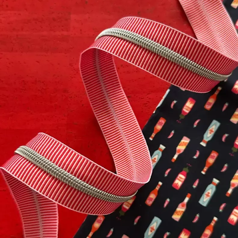 Zipper by the Yard - 3yd - Red Stripe & Nickel Teeth (no pulls)